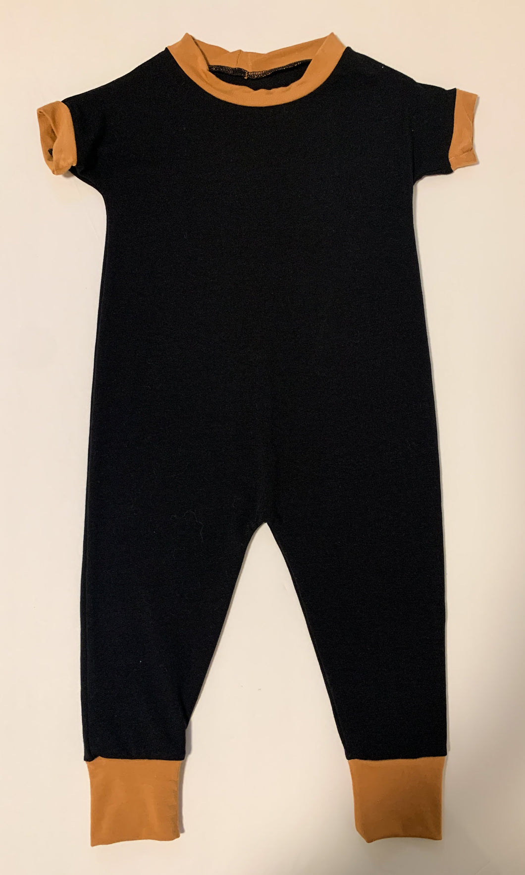 OOAK (One of a Kind) 6-18m Solid Black Bamboo Romper with Mustard Trim